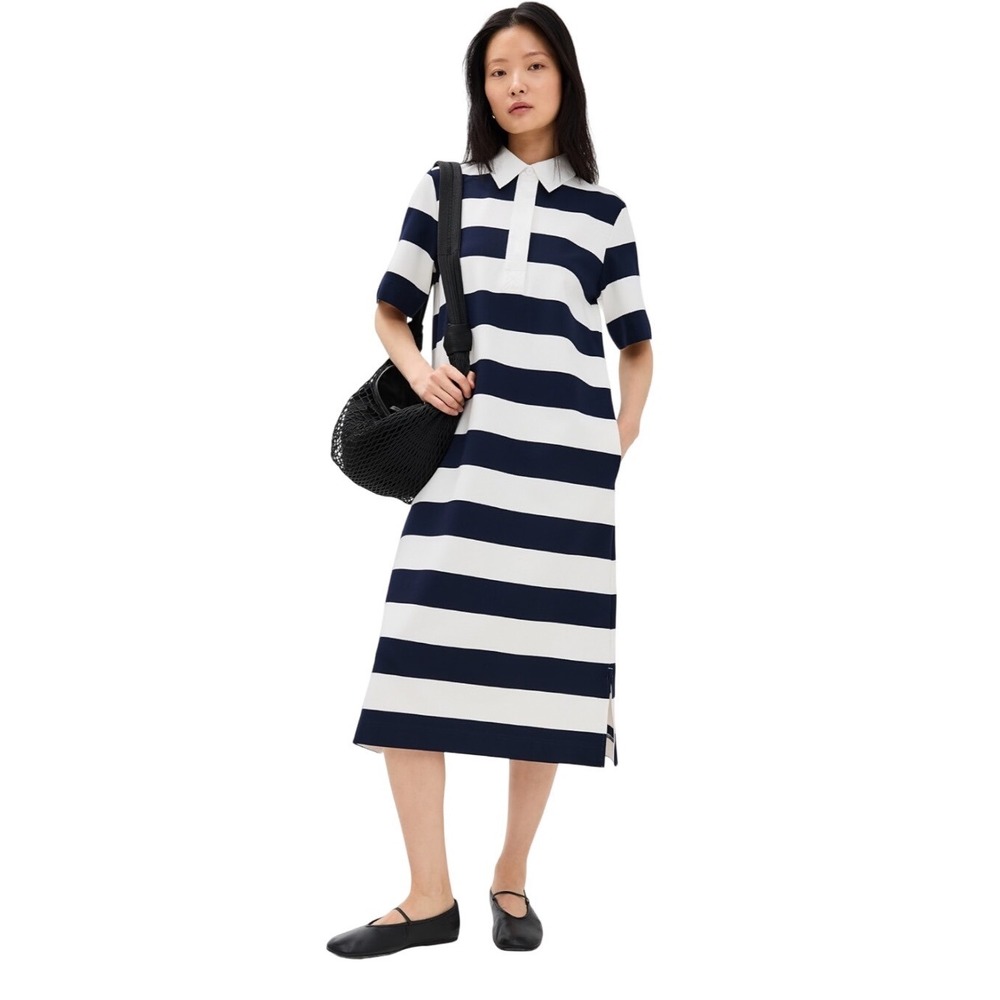 ALIGNE Nonia Maxi Dress Navy Blue White Striped Polo Jersey Short Sleeve Large